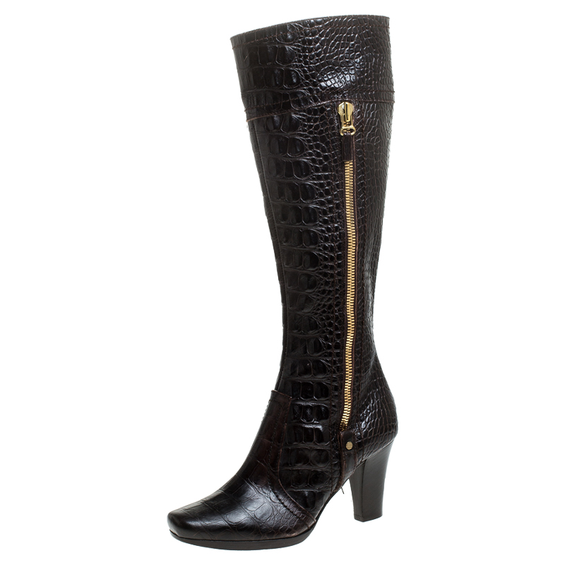 Pre Owned Sergio Rossi Dark Brown Crocodile Double Zip Knee High Boots Size 36.5