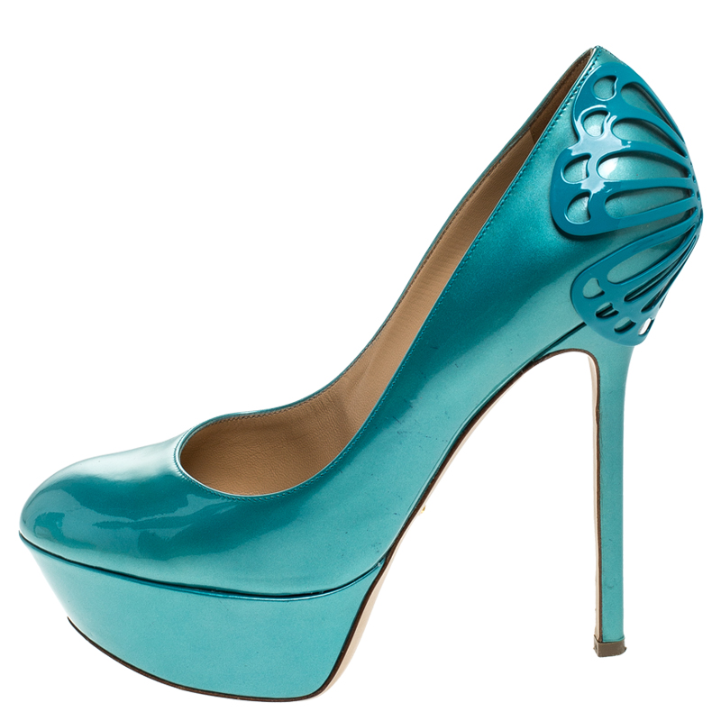 

Sergio Rossi Blue Patent Leather Butterfly Plaque Platform Pumps Size