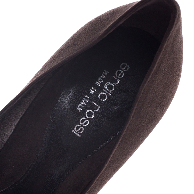 Pre-owned Sergio Rossi Brown Suede Metal Embellished Peep Toe Pumps Size 37.5