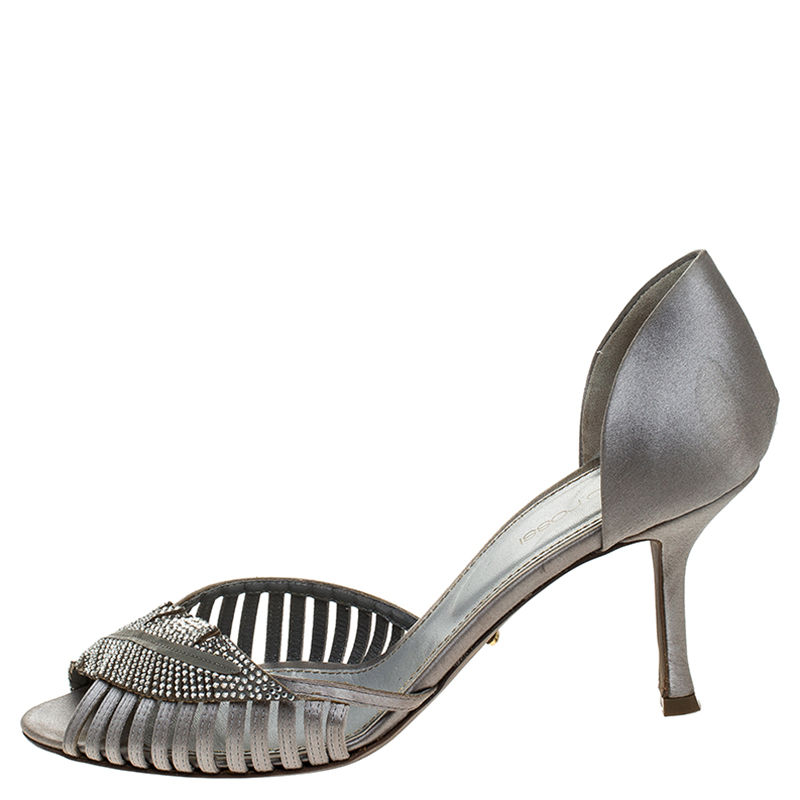 

Sergio Rossi Grey Satin Crystal Embellished Peep Toe Pumps Size