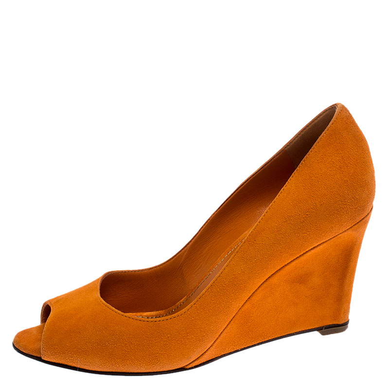 

Sergio Rossi Orange Suede Peep Toe Wedge Pumps Size