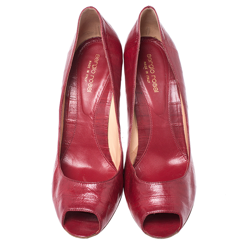 Pre-owned Sergio Rossi Red Leather Peep Toe Pumps Size 40