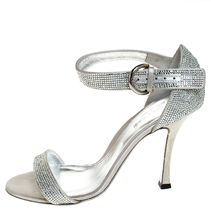 

Sergio Rossi Grey Crystal Embellished Satin Open Toe Ankle Strap Sandals Size