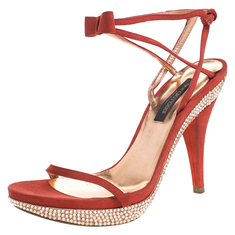 

Sergio Rossi Red Suede Crystal Embellished Ankle Strap Platform Sandals Size