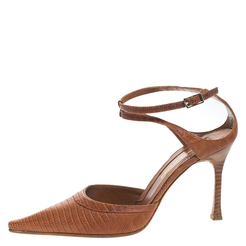 

Sergio Rossi Brown Lizard Leather Pointed Toe Ankle Strap Sandals Size