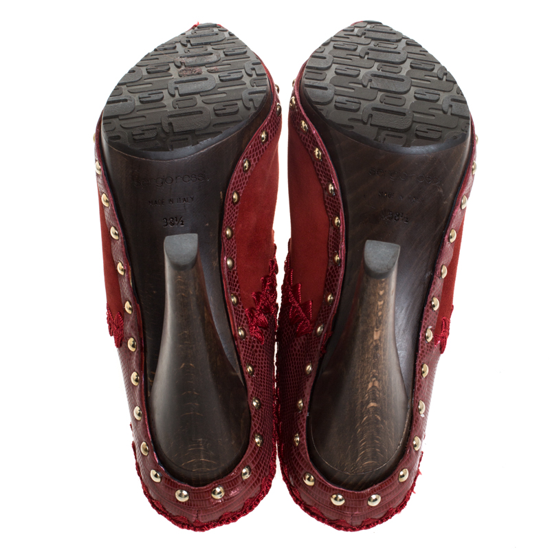 Pre-owned Sergio Rossi Red Wild Stitch Suede And Lizard Embossed Leather Clogs Size 38.5