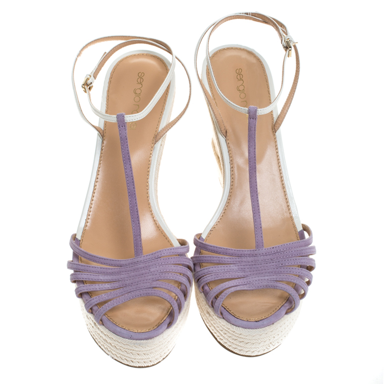 Pre-owned Sergio Rossi Lavender/white Suede And Leather T-strap Wedge Sandals Size 39.5 In Purple