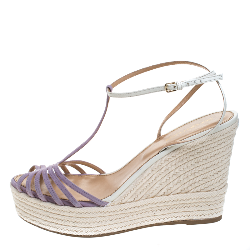 Pre-owned Sergio Rossi Lavender/white Suede And Leather T-strap Wedge Sandals Size 39.5 In Purple