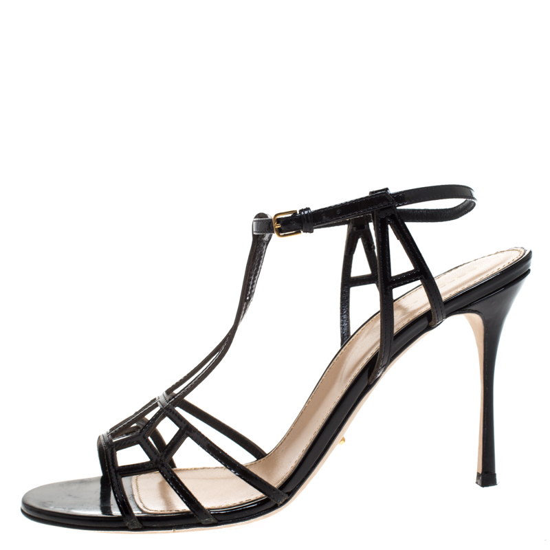 

Sergio Rossi Black Strappy Leather Cubic Ankle Strap Sandals Size