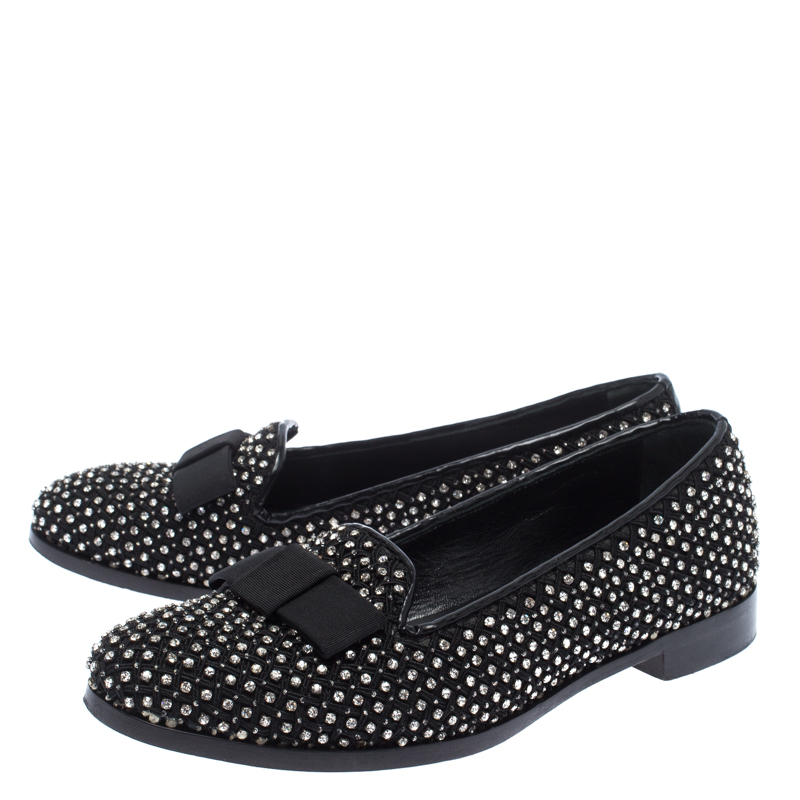 Pre-owned Sergio Rossi Black Crystal Embellished Fabric Bow Detail Flat Loafers Size 36.5