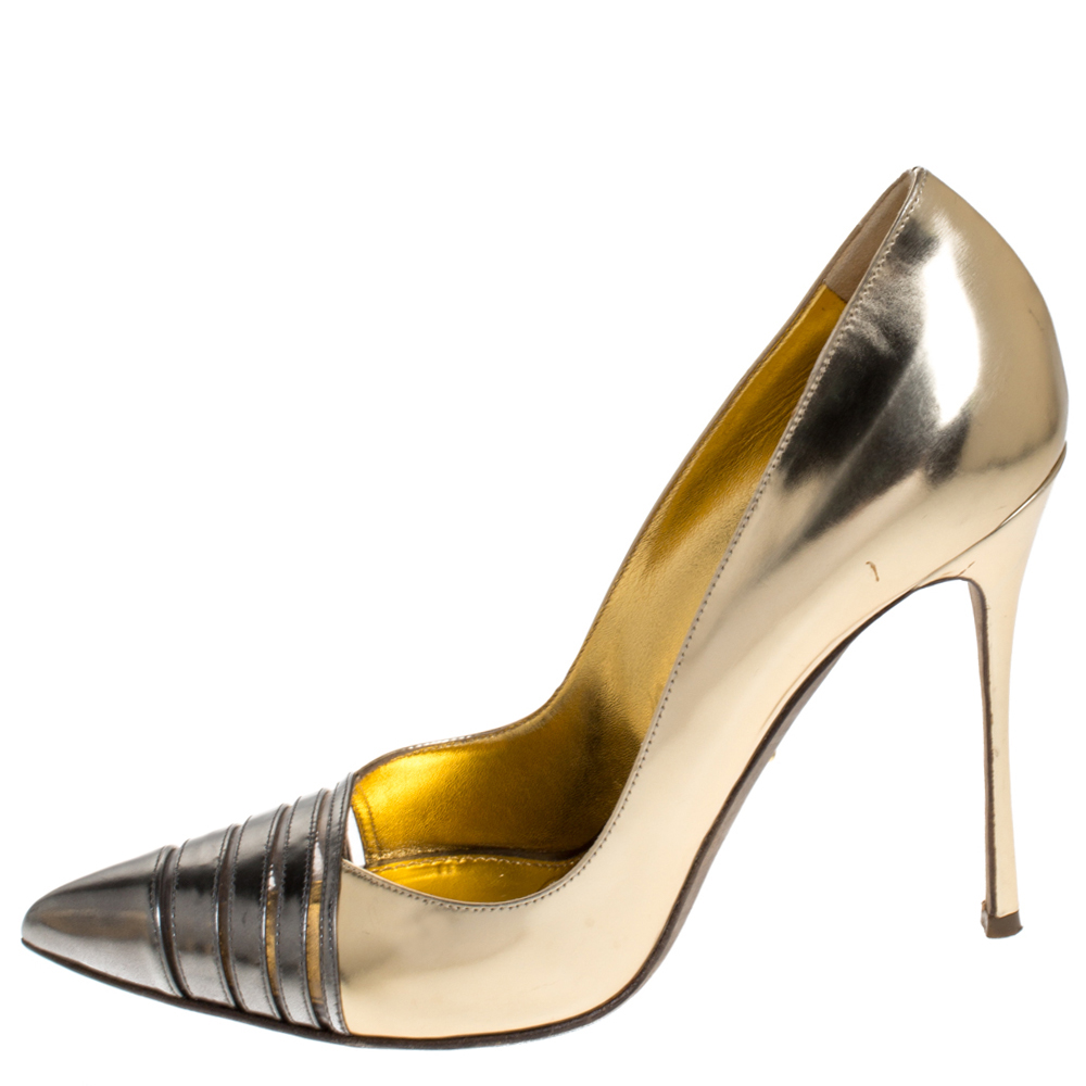 

Sergio Rossi Metallic Gold/Grey Leather and PVC Claire Pointed Toe Pump Size