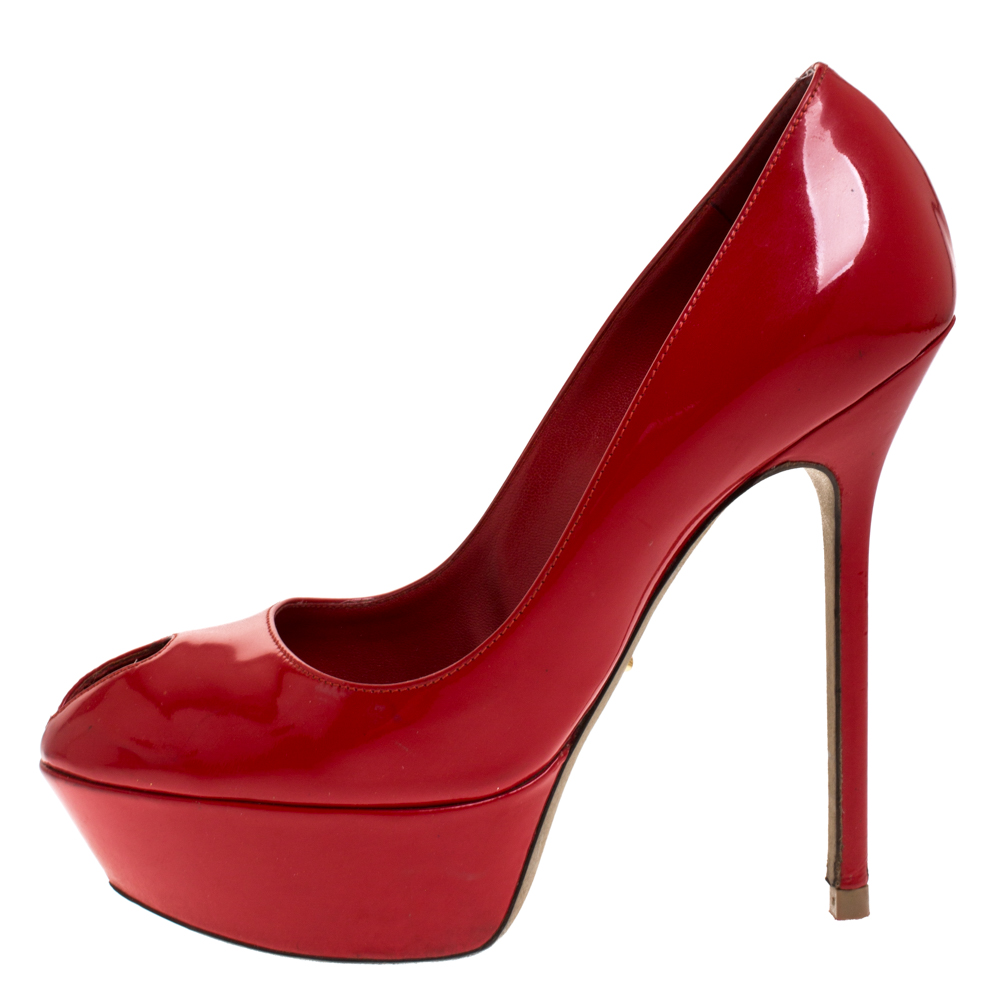 

Sergio Rossi Red Patent Leather Peep Toe Platform Pumps Size