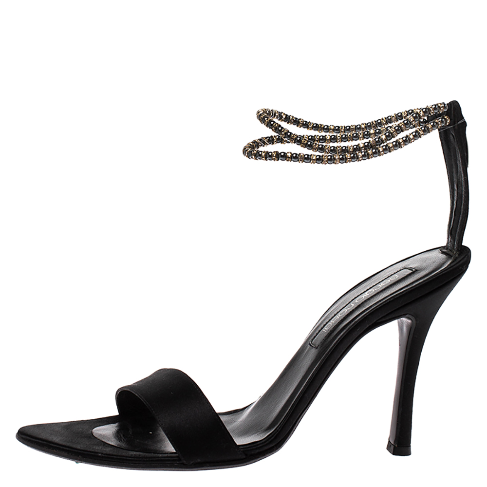 

Sergio Rossi Black Satin Beaded Ankle Strap Sandals Size