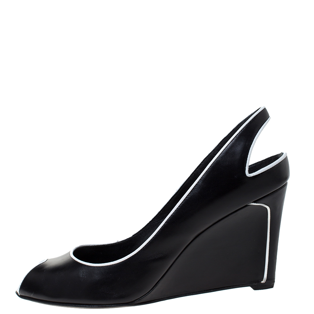 

Sergio Rossi Black and White Trim Leather Wedge Peep Toe Pumps Size