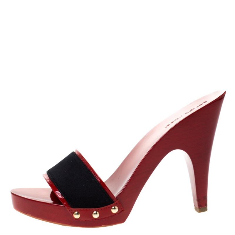 

Sergio Rossi Black/Red Satin and Wooden Slide Sandals Size