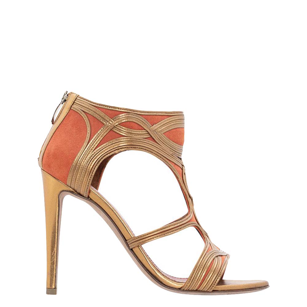 Pre-owned Sergio Rossi Gold/orange Leather And Suede Caged Sandals Size 36