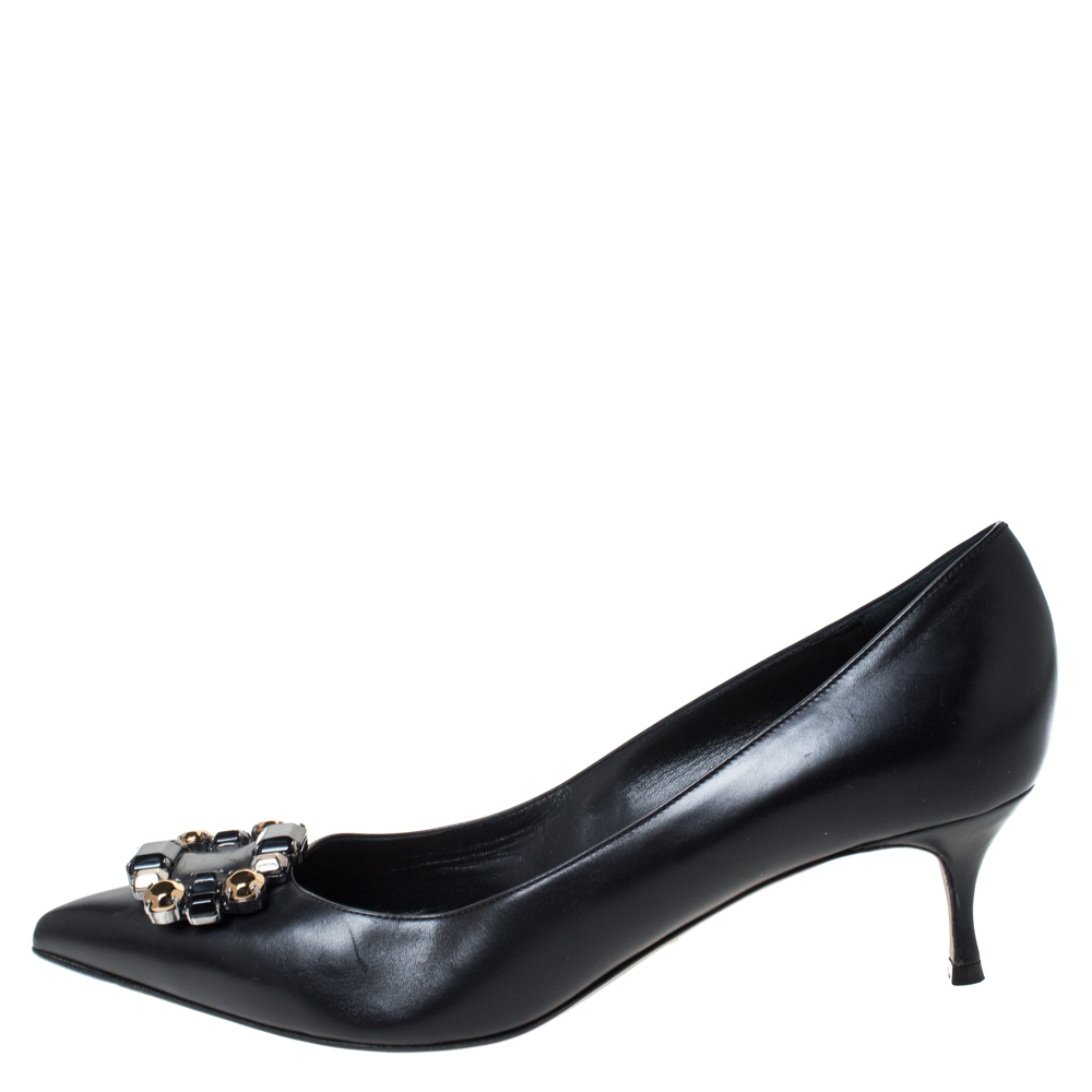 

Sergio Rossi Black Leather Crystal Embellished Pointed Toe Pumps Size