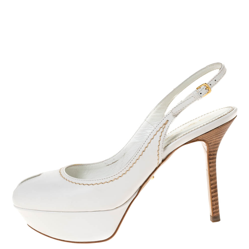 

Sergio Rossi White Leather Peep Toe Platform Slingback Sandals Size