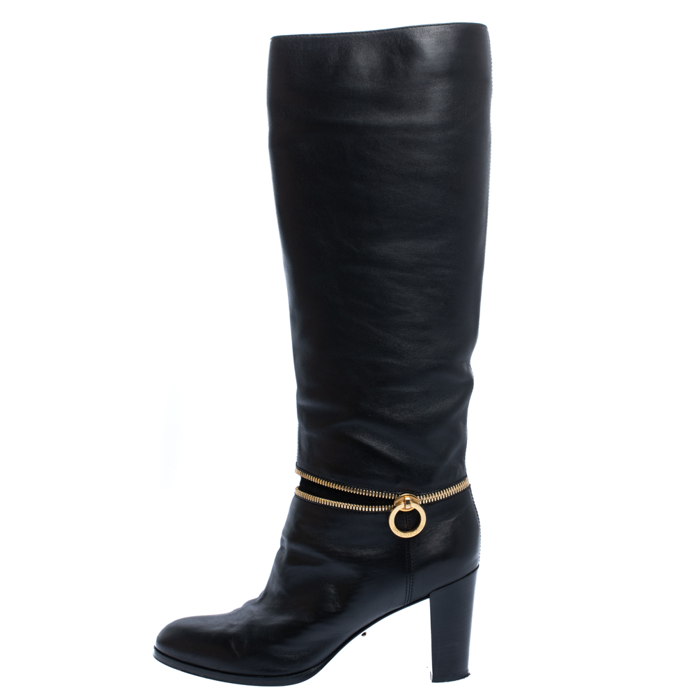 

Sergio Rossi Black Leather Zip Detail Knee High Block Heel Boots Size