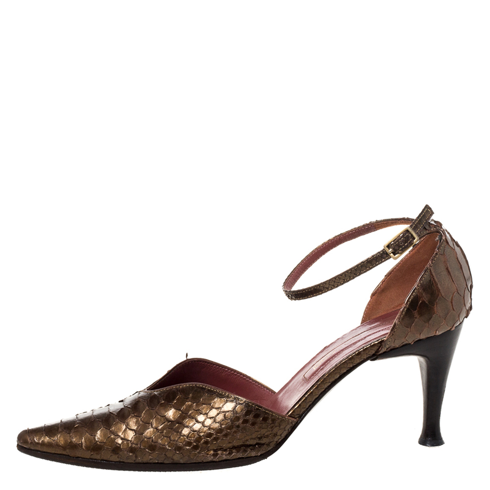 

Sergio Rossi Metallic Brown Python Leather Pointed Toe Ankle Strap Pump Size, Multicolor