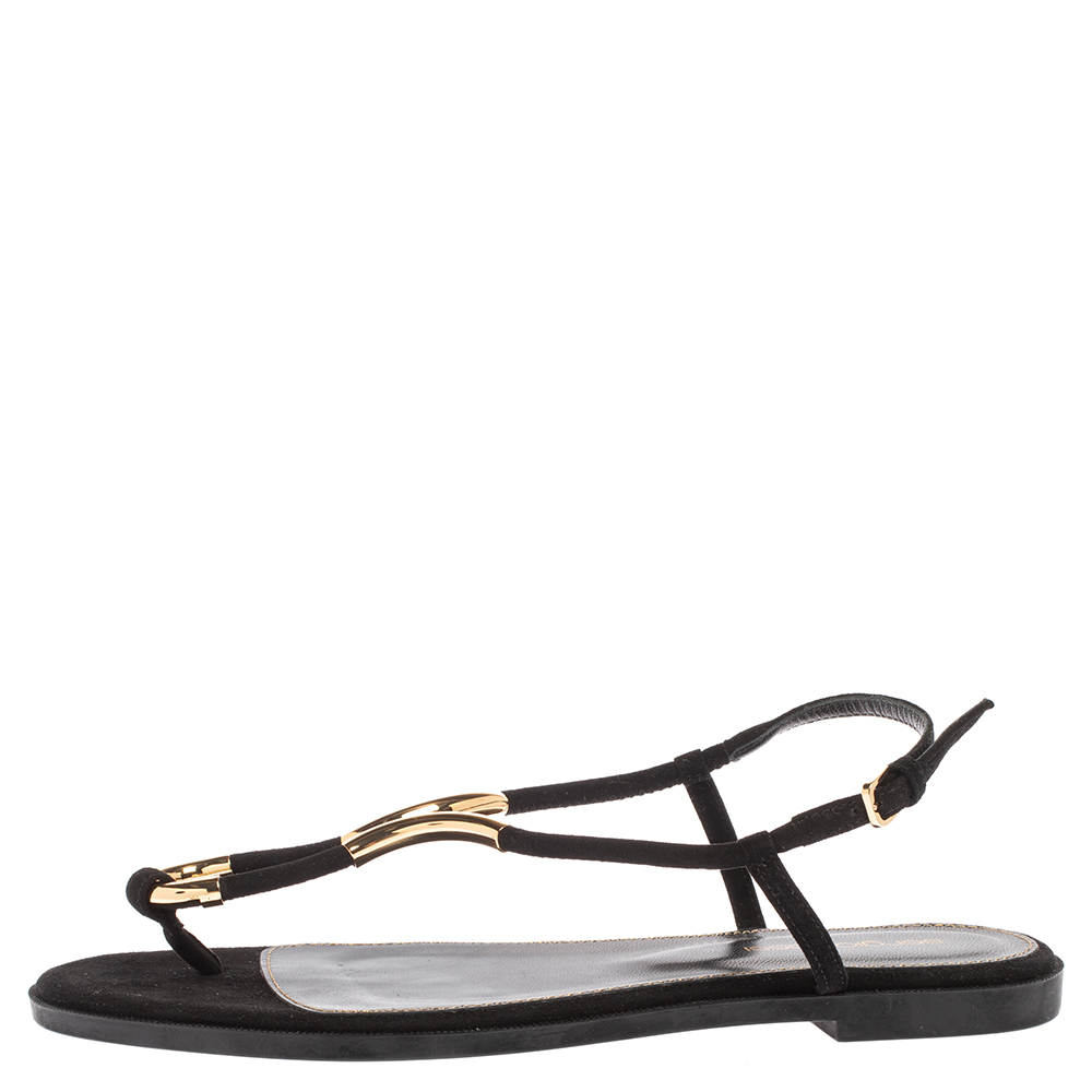 

Sergio Rossi Black Suede Gold Embellished Flat Sandals Size