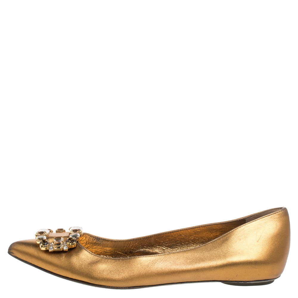 

Sergio Rossi Gold Leather Crystal Embellished Ballet Flats Size