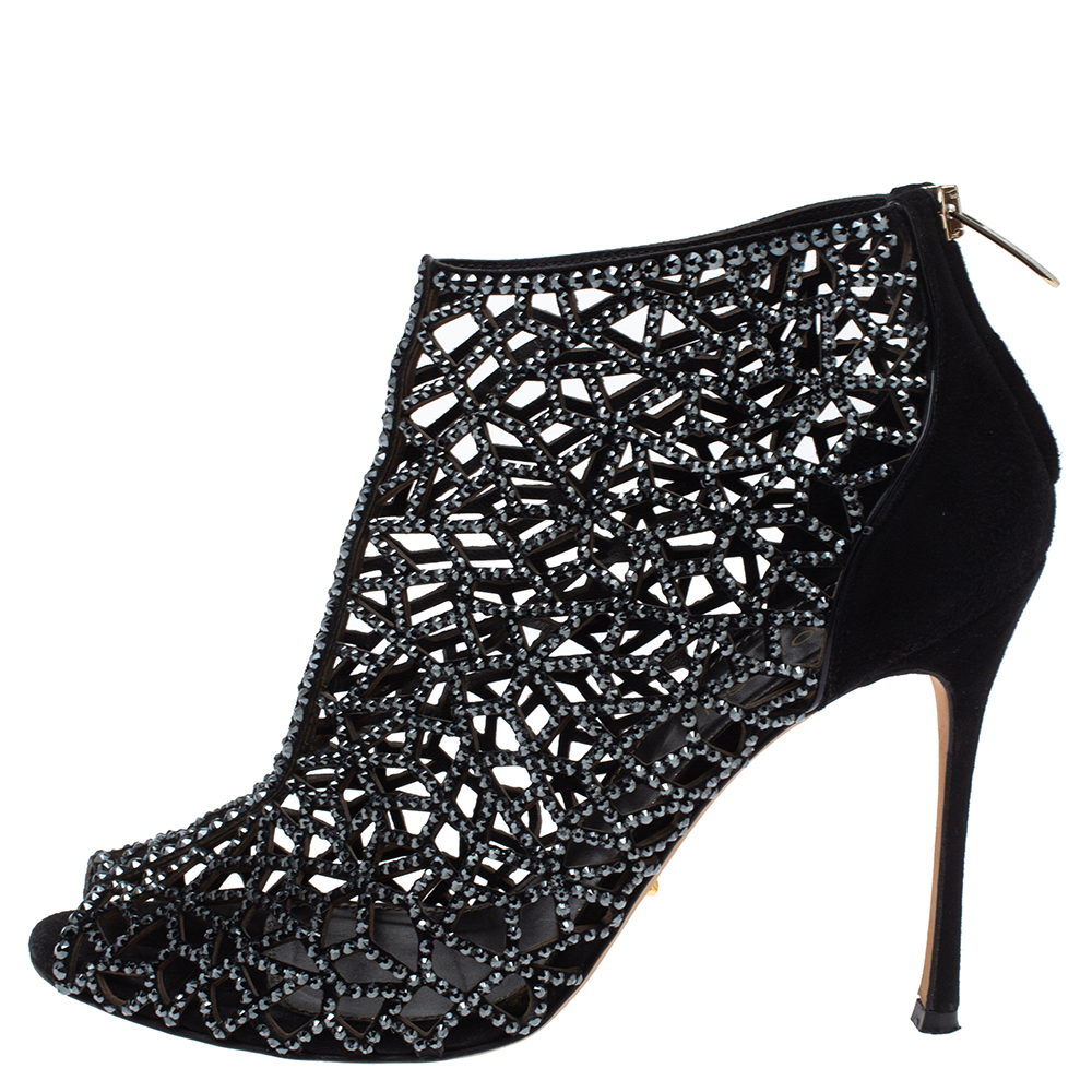 

Sergio Rossi Black Crystal Embellished Suede Cutout Peep Toe Ankle Boots Size
