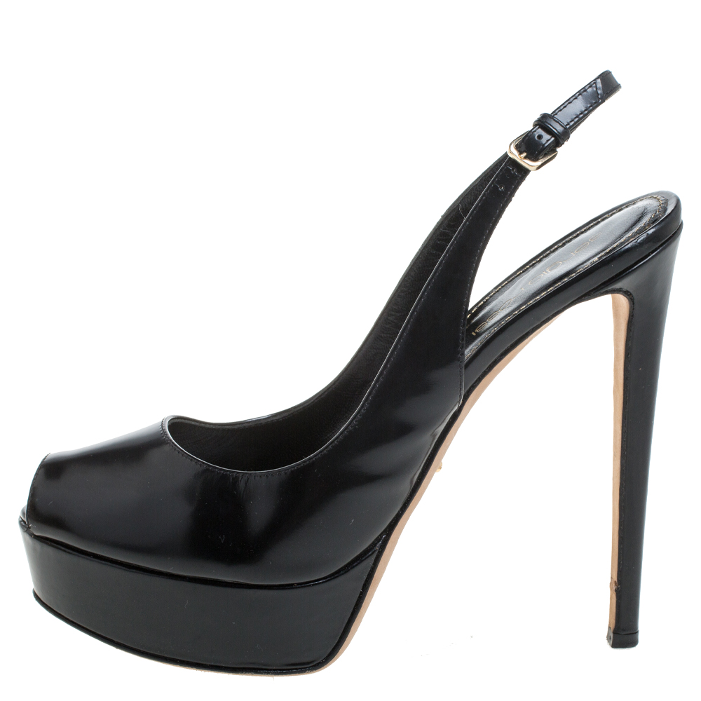 

Sergio Rossi Black Patent Leather Peep Toe Slingback Platform Sandals Size