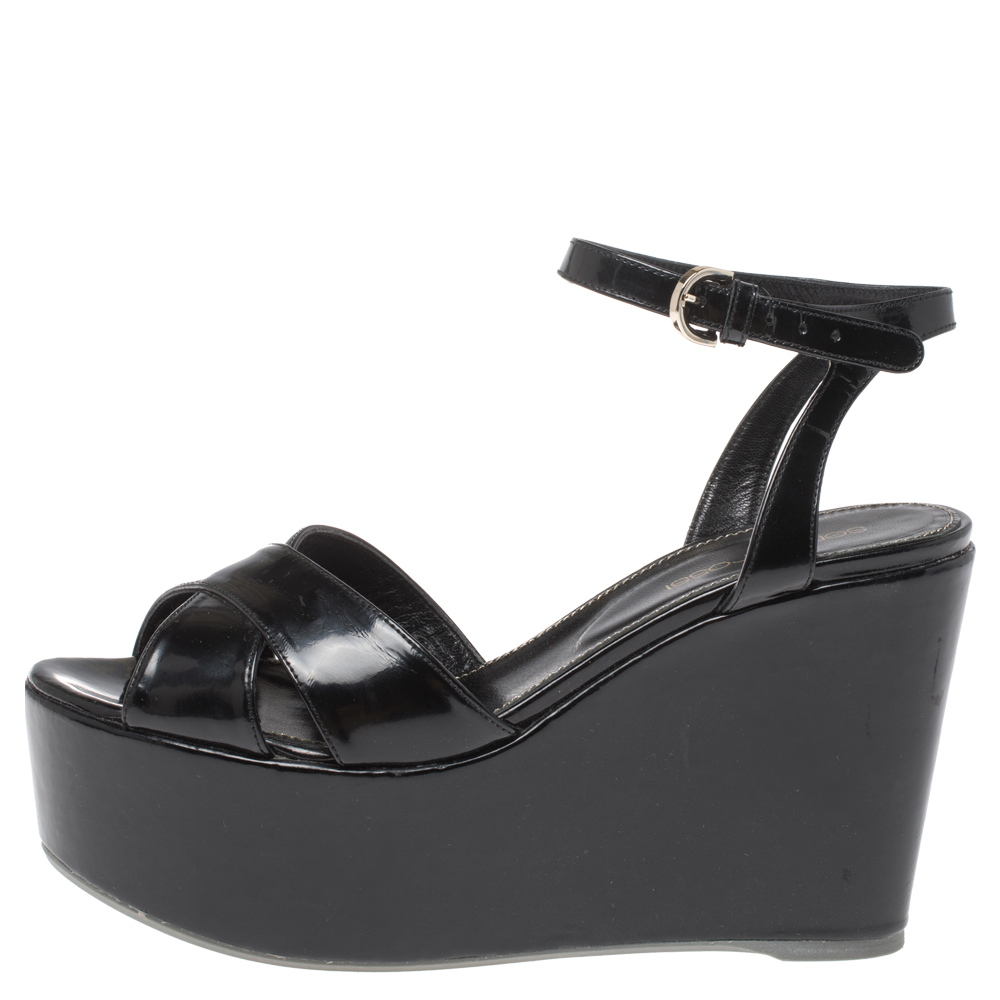 

Sergio Rossi Black Criss Cross Patent Leather Ankle Strap Wedge Sandals Size