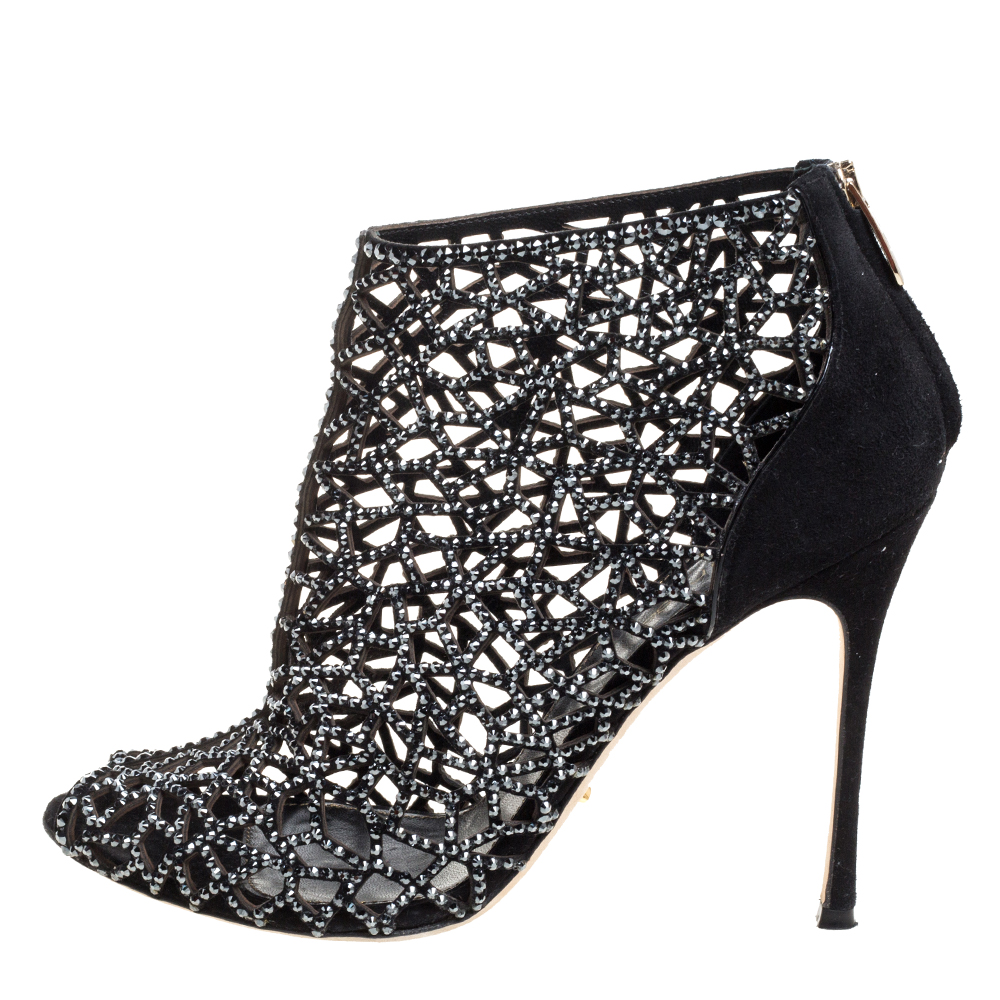 

Sergio Rossi Black Crystal Embellished Suede Cutout Peep Toe Ankle Boots Size