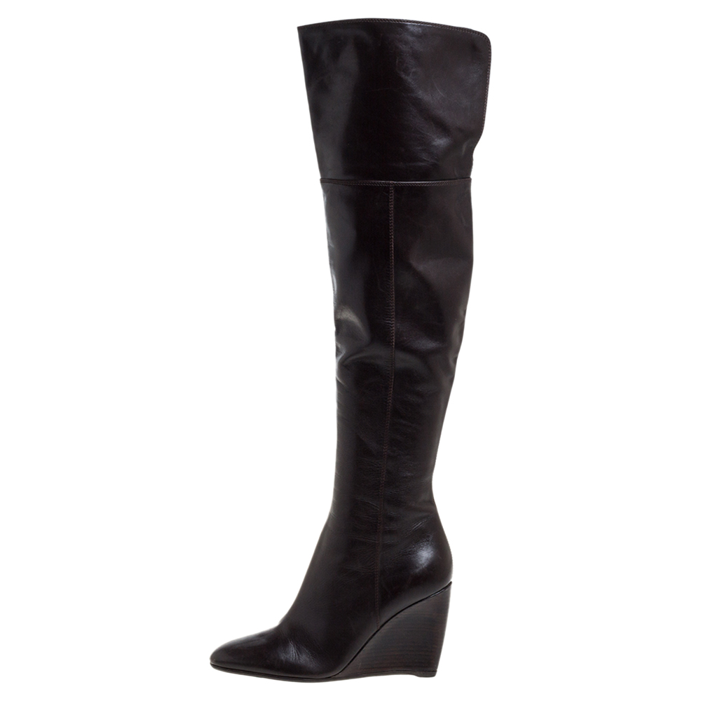 

Sergio Rossi Dark Brown Leather Over the Knee Wedge Boots Size