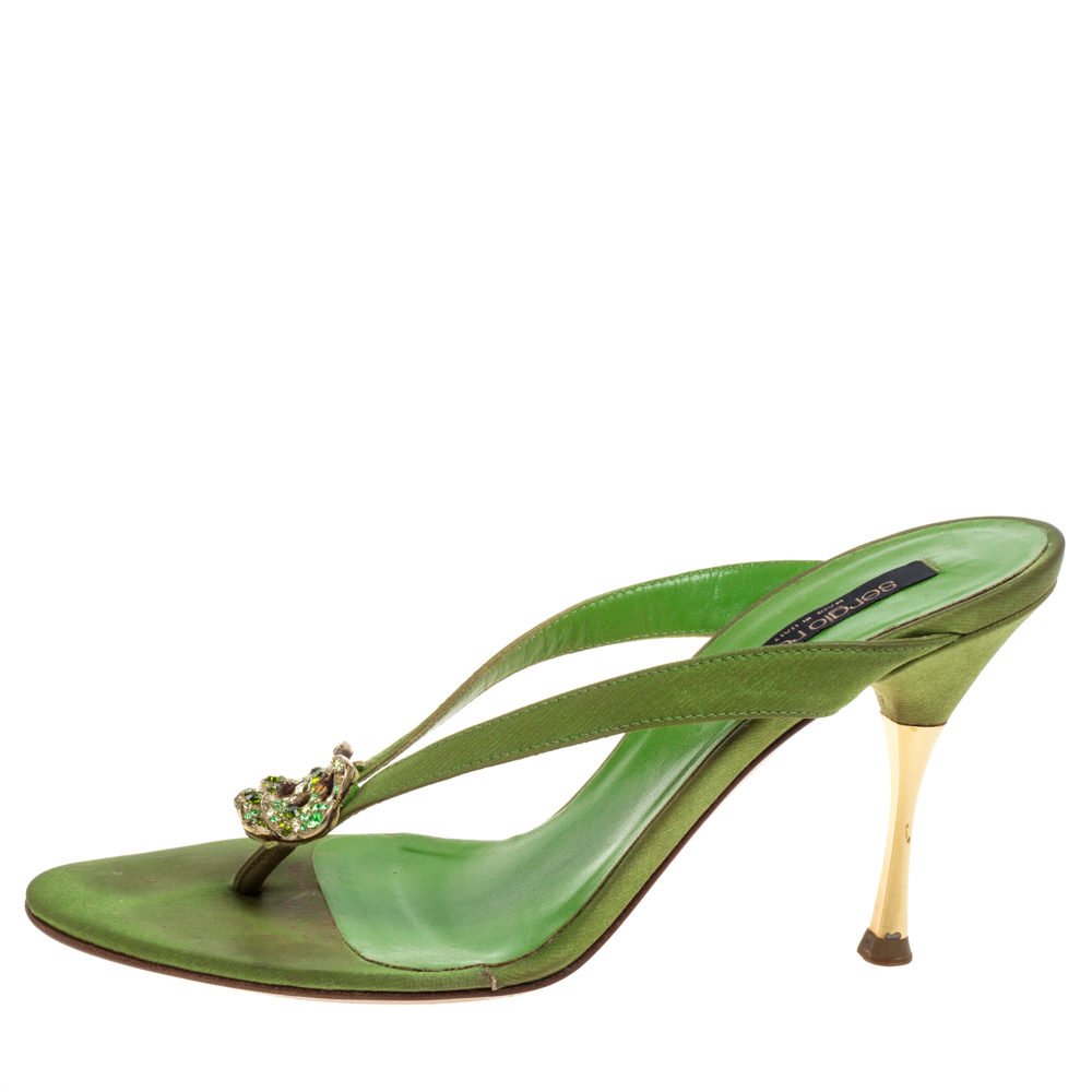 

Sergio Rossi Green Satin Crystal Embellished Slide Sandals Size