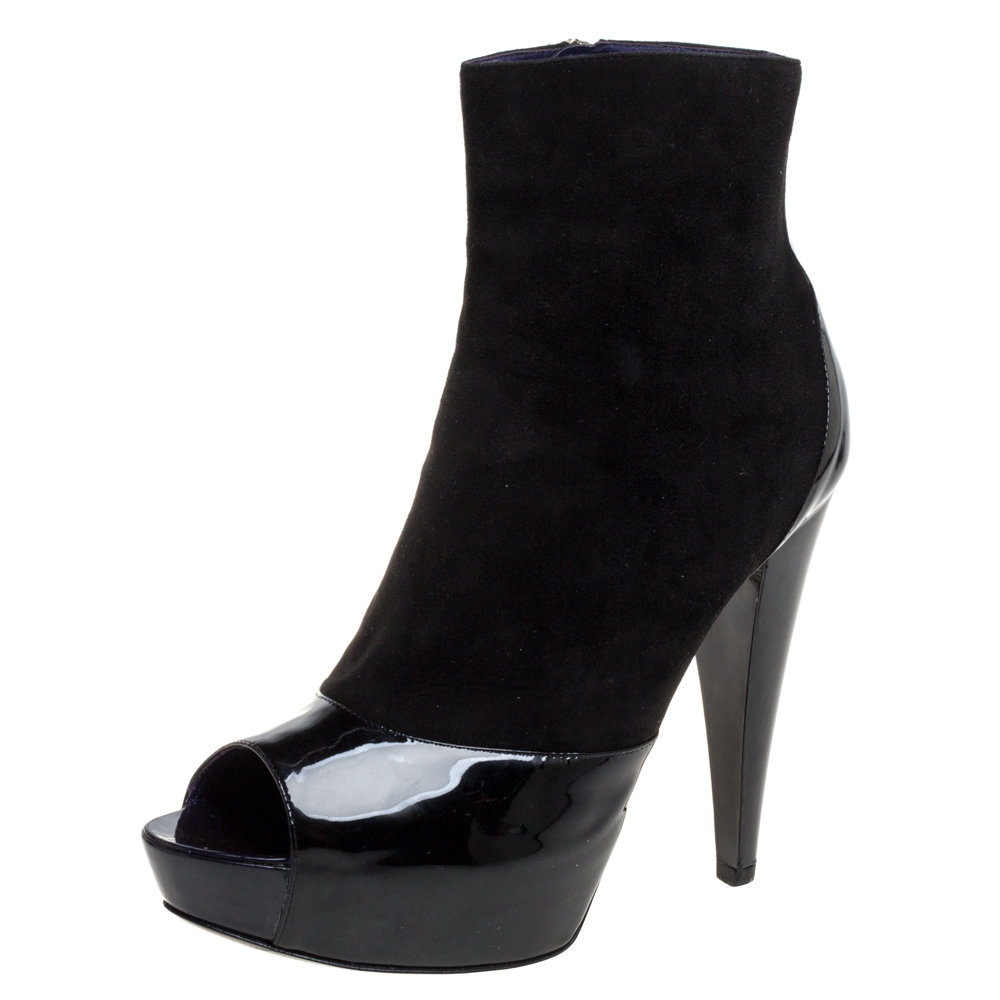 

Sergio Rossi Black Suede And Patent Leather Peep Toe Platform Booties Size