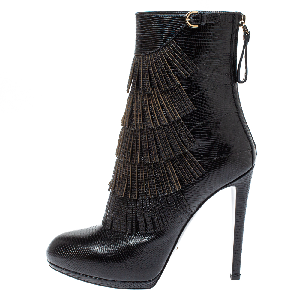 

Sergio Rossi Black Lizard Embossed Leather Fringe Boots Size
