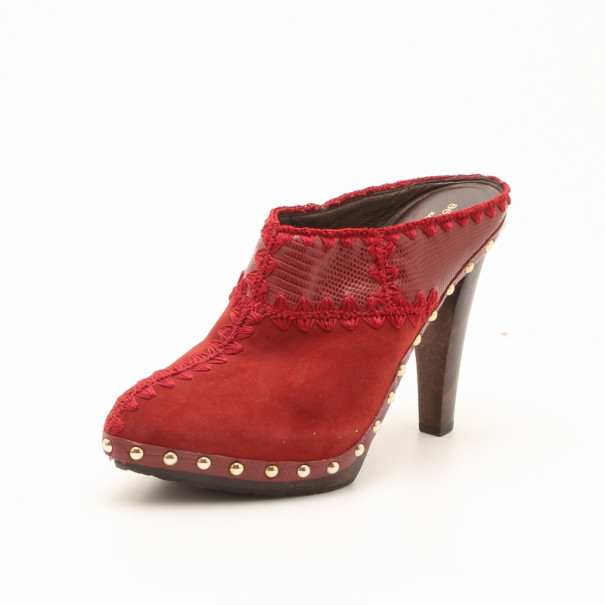 Sergio Rossi Red Embellished Suede Mules Size 38