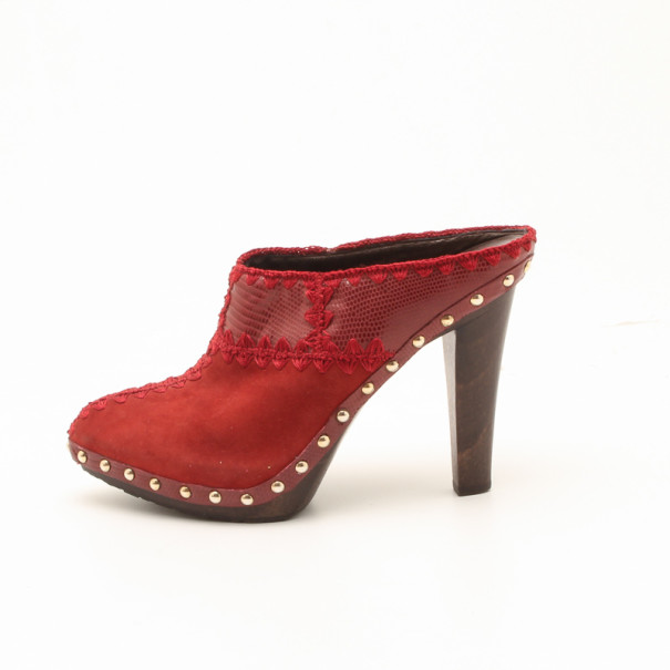 

Sergio Rossi Red Embellished Suede Mules Size