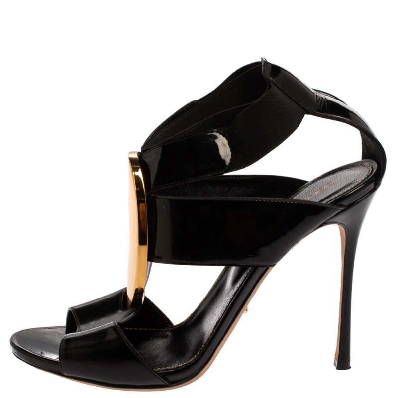 

Sergio Rossi Black/Gold Patent Leather Peep Toe Sandals Size