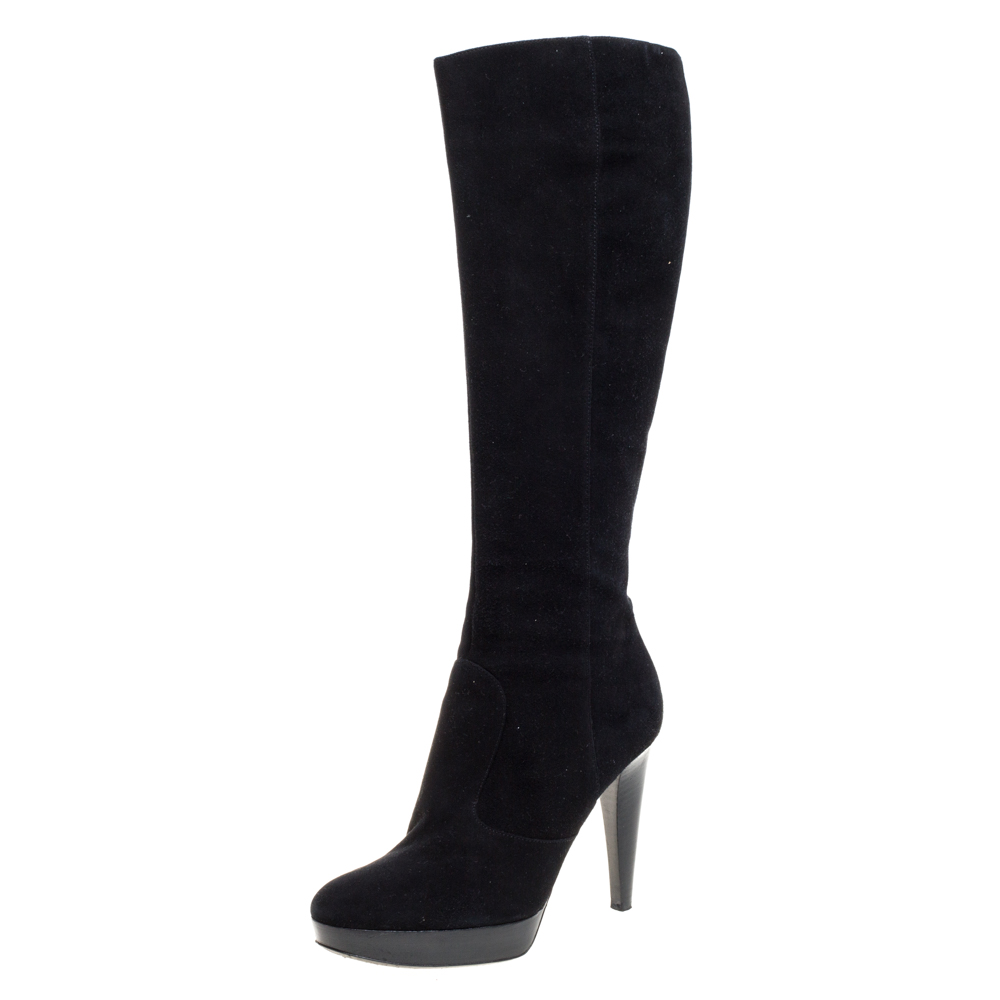 Pre-owned Sergio Rossi Black Suede Knee High Boots Size 38