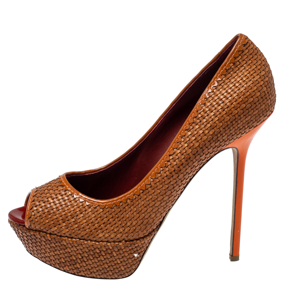 

Sergio Rossi Brown Woven Leather Peep Toe Pumps Size