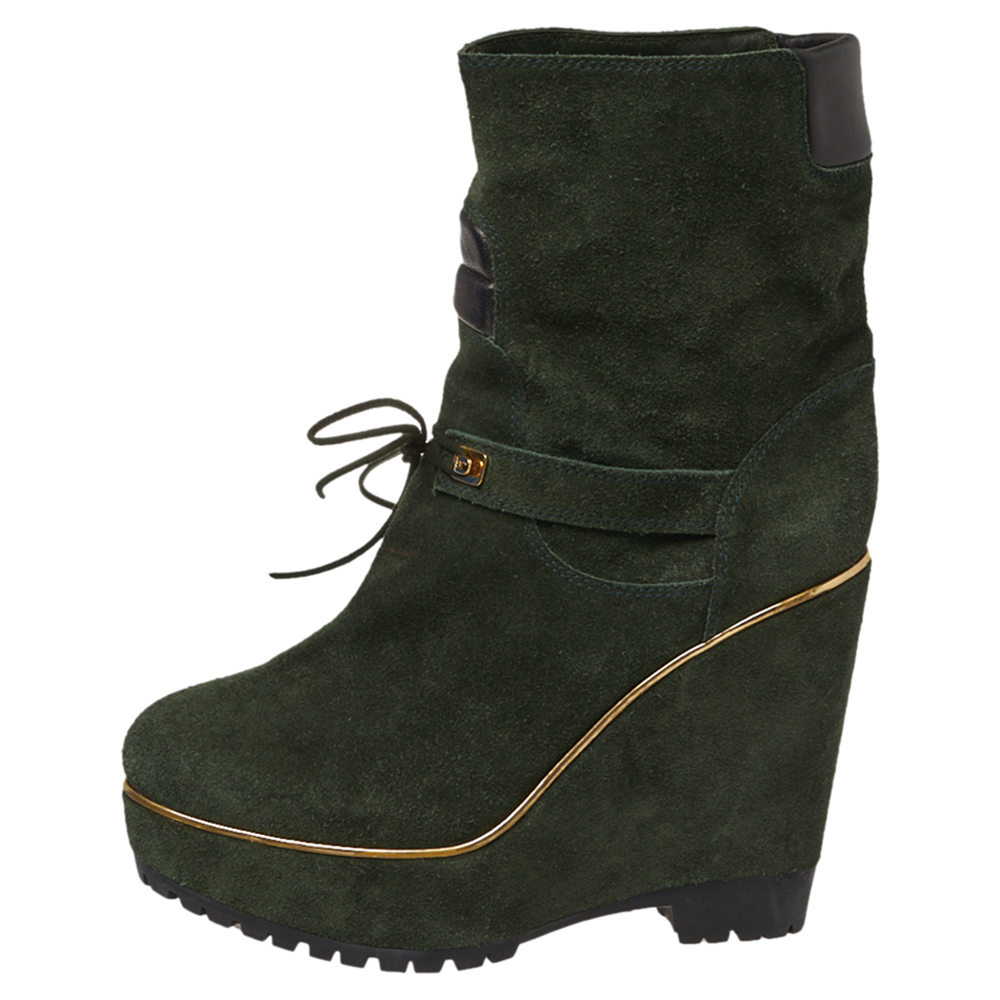 

Sergio Rossi Dark Green Suede Lace Wedge Ankle Boots Size
