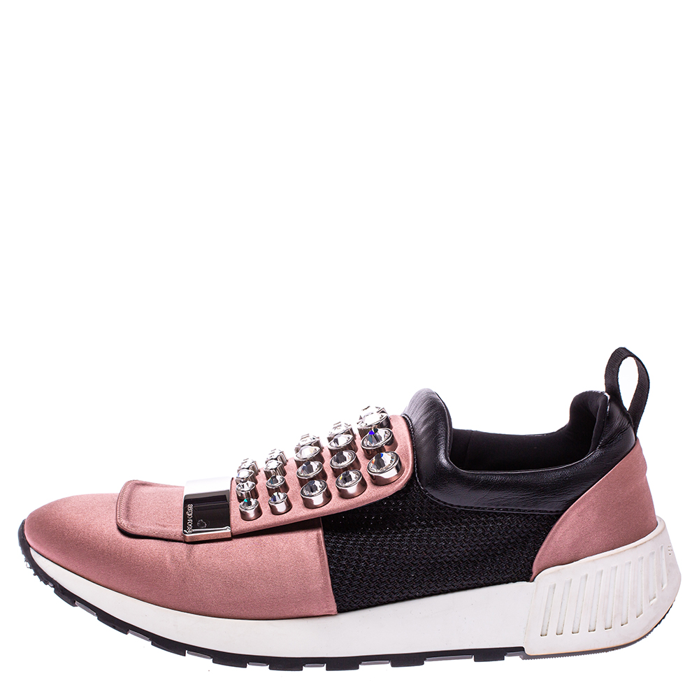 

Sergio Rossi Pink/Black Satin And Leather Crystal Embellished Sneakers Size