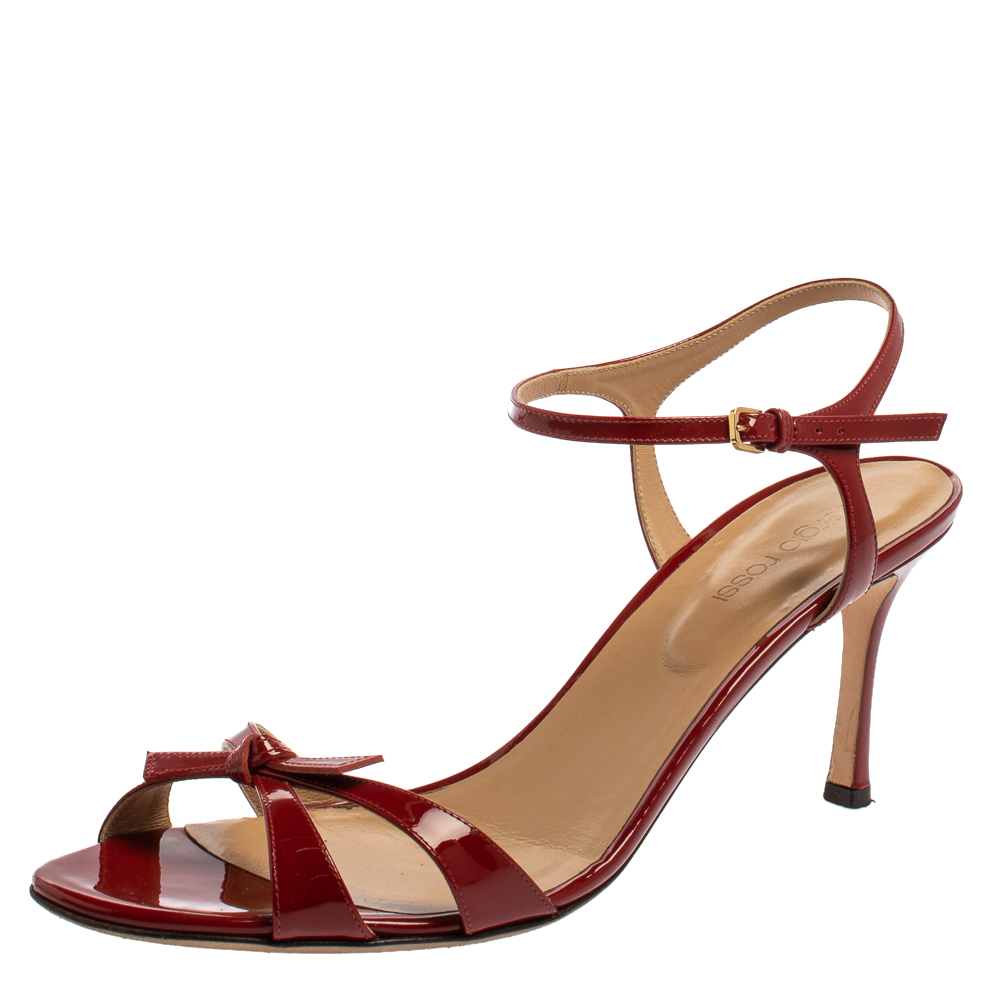 Pre-owned Sergio Rossi Red Patent Leather Bow Ankle Strap Sandals Size 41.5