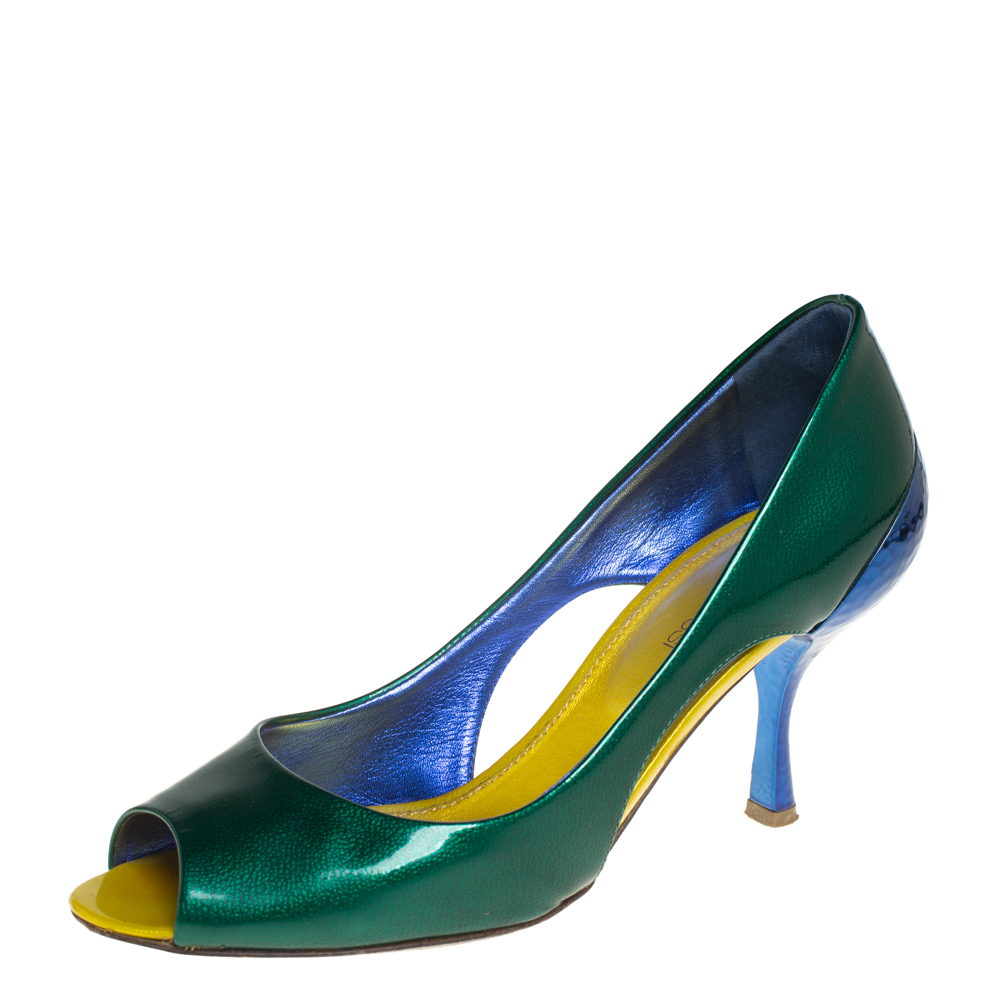 Pre-owned Sergio Rossi Green/blue Patent Leather Peep Toe Pump Size 37