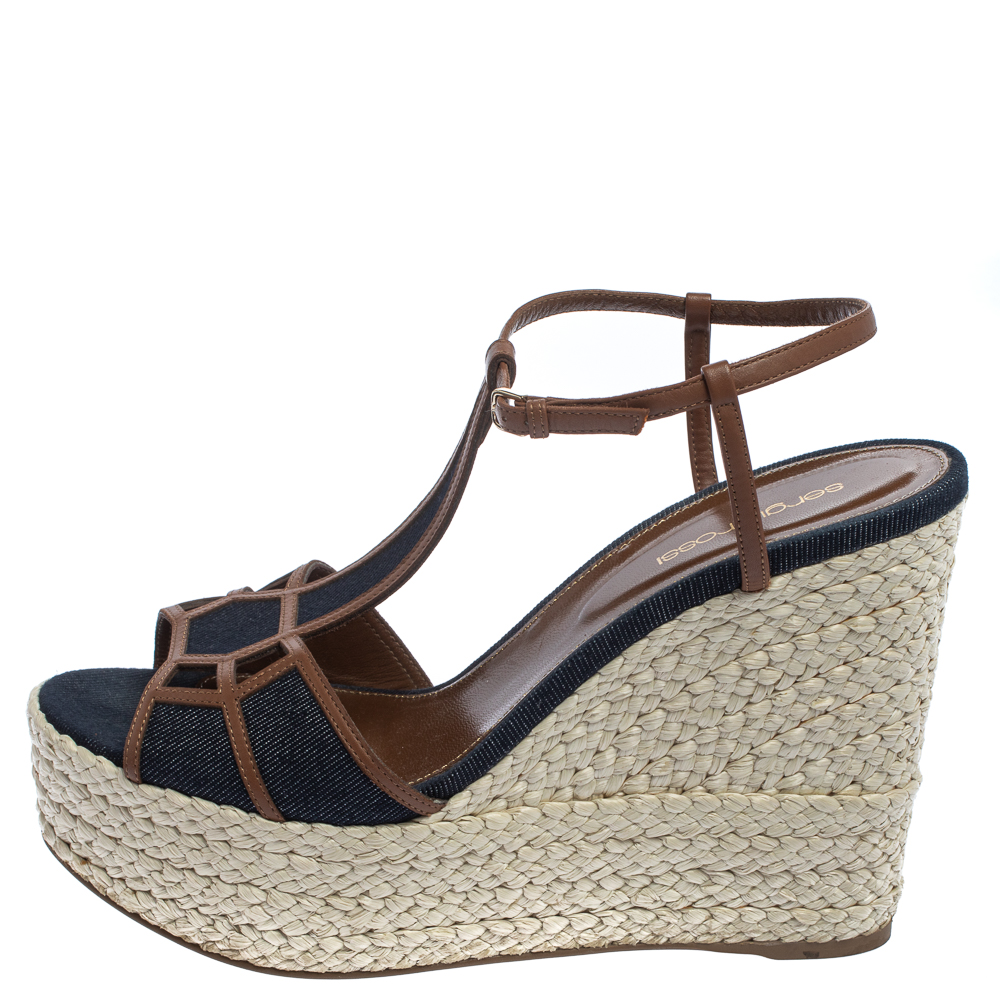 

Sergio Rossi Blue/Brown Denim Fabric And Leather Wedge Espadrille Ankle Strap Sandals Size