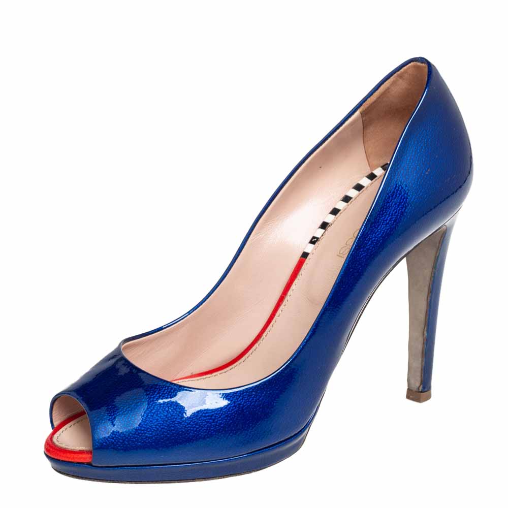 Pre-owned Sergio Rossi Blue Patent Leather Peep Toe Pumps Size 36