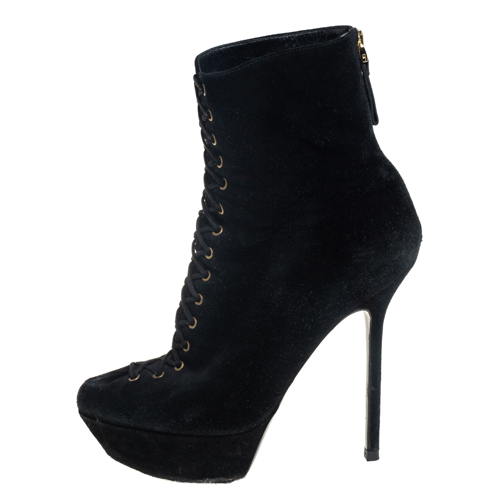 

Sergio Rossi Black Suede Lace Up Platform Booties Size