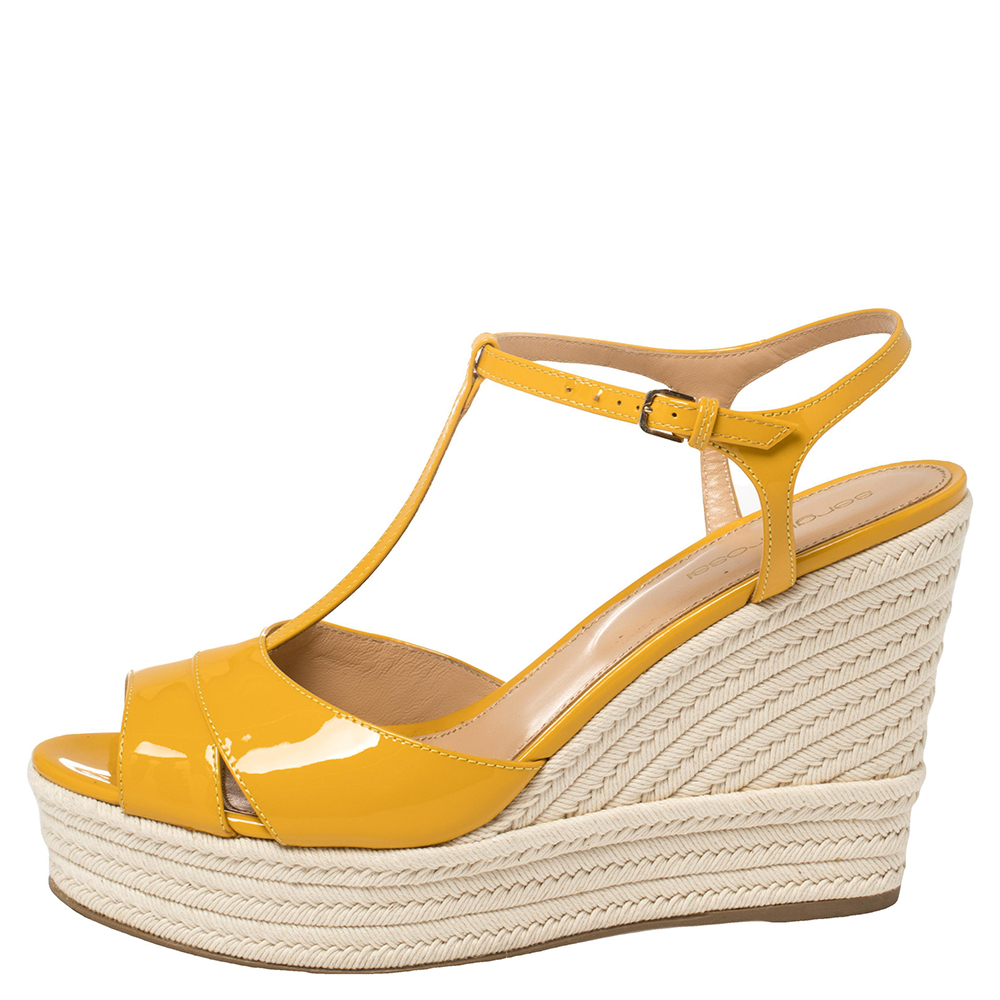 

Sergio Rossi Yellow Patent Leather Wedge Platform Sandals Size