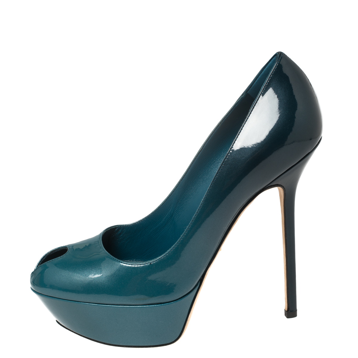 

Sergio Rossi Blue Patent Leather Peep Toe Platform Pumps Size