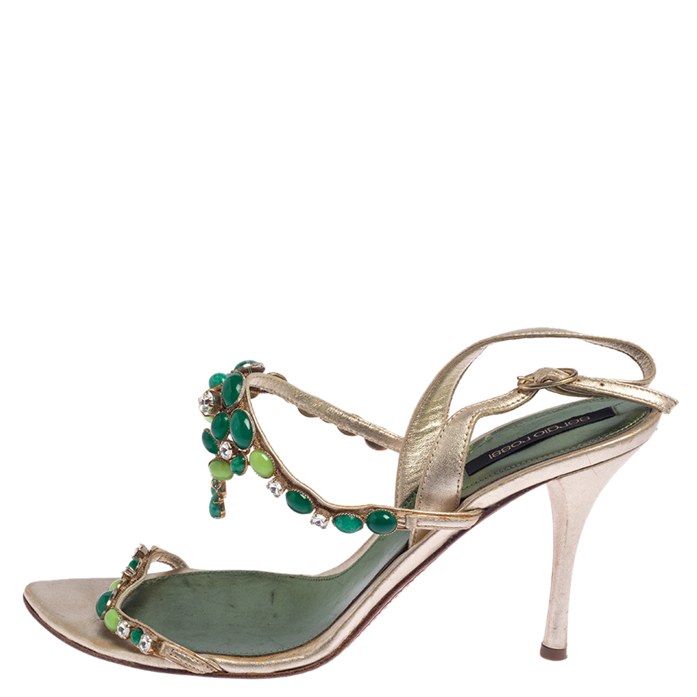 

Sergio Rossi Gold Leather Jewel Embellished Ankle Strap Sandals Size