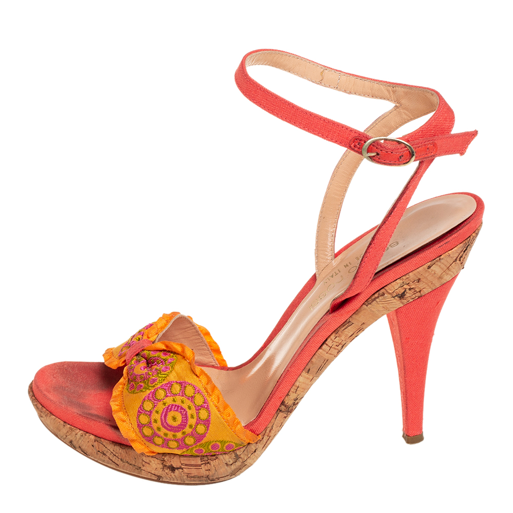 

Sergio Rossi Orange Embroidered Fabric Ankle Strap Sandals Size